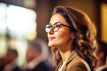 Close up Portrait of young Businesswoman attending a leadership business conference, listening to Motivational inspiring confident speakers and gaining insights into effective practices Event.