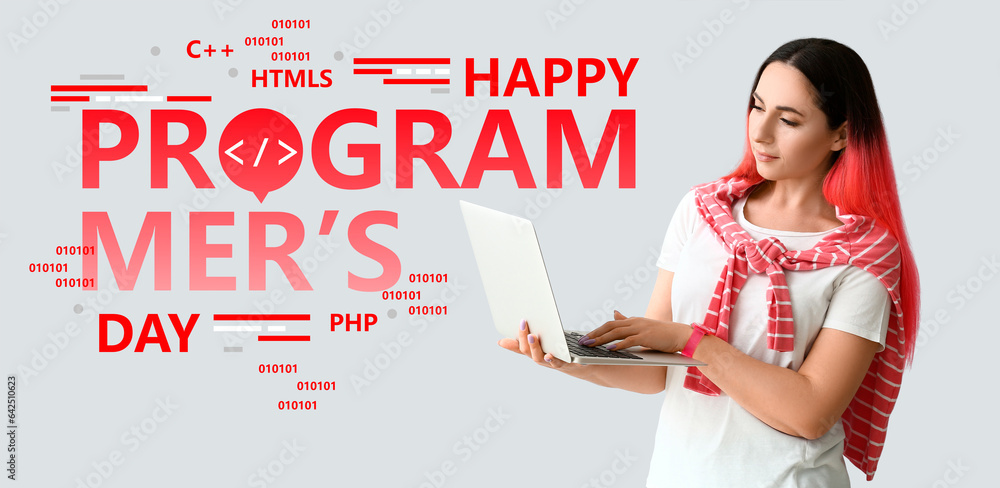 Poster young woman with laptop and text happy programmer's day on light background