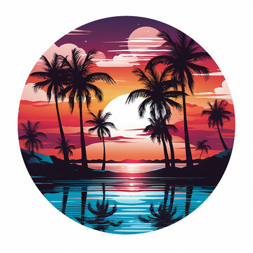 Cartoon palm tree sunset beach summer vibe in a circle with white background