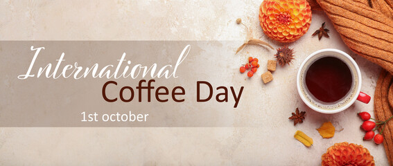 Long banner for International Coffee Day with autumn decor and cup of hot beverage
