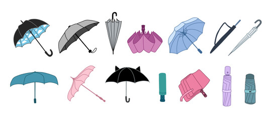 Set cartoon umbrellas. Open, close and folded umbrella. Vector illustrations on transparent background © Kristina Chistiakova