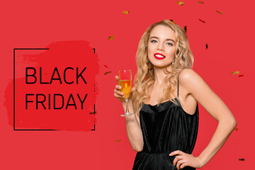 Banner for Black Friday with beautiful young woman and champagne