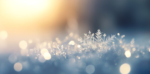 Fototapeta na wymiar Snowflake in winter sunshine on blur bokeh background. Christmas and New Year concept. Christmas card.
