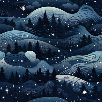 Seamless Pattern of a Night Landscape