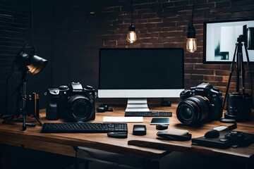 Capturing Creativity: Modern Photographer's Workspace with a Blank Screen Desktop Computer and Camera