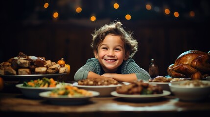 Happy child at Thanksgiving dinner. Seasonal Fall family meal. Kid sits at the tables for Turkey dinner.