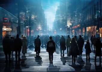 A crowd of people walks down the streets