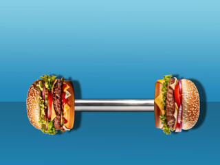 A painting depicting two dumbbells with burgers instead of weights, on a blue background.