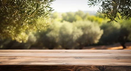 Gordijnen Wooden table and olive trees © happy_lark