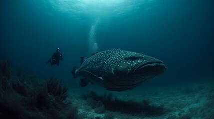 Fictitious diver swims alongside a giant grouper AI generative