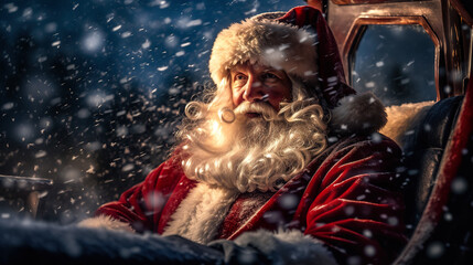 Portrait of Santa Claus sitting in a sleigh