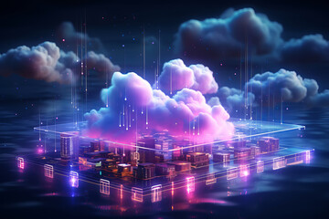 Cloud Data Base Technology concept with blue and pink glowing neon structures on dark background