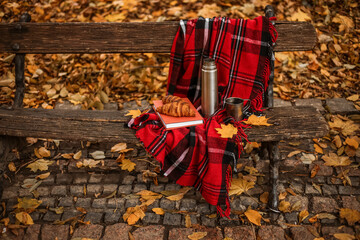 Book with croissants, thermos, cup of tea and plaid on bench in autumn park