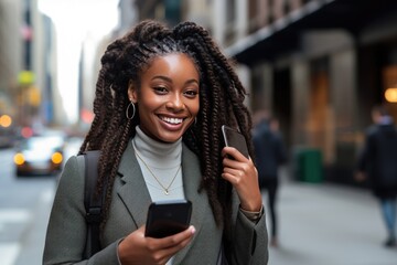Black African American young business woman walking street using smartphone on city street - obrazy, fototapety, plakaty