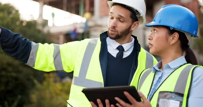 Tablet, man and woman at construction site for inspection at urban building for development, quality control and safety. Engineering team, ideas and project management checklist for planning online.