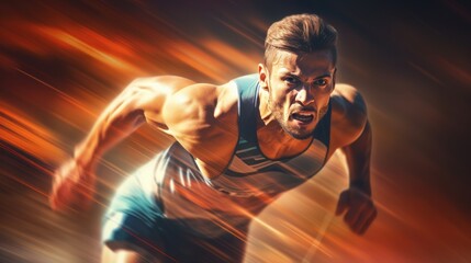 Fototapeta na wymiar a closeup photo of a professional american track sprinter running on a stadium. epic action scene in motion. running rapidly. pc desktop wallpaper, 16:9, 4k. blurry background. Generative AI