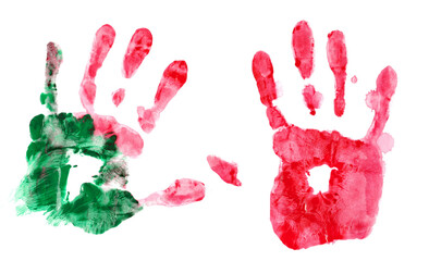 Set colorful hand print, paint watercolor isolated on white, clipping 