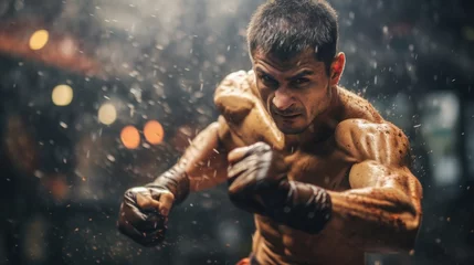 Foto op Plexiglas a closeup photo of a professional martial arts fighter having a fight on a boxing ring. epic action scene beating with water splash effect. pc desktop wallpaper, 16:9, 4k. blurry. Generative AI © SayLi