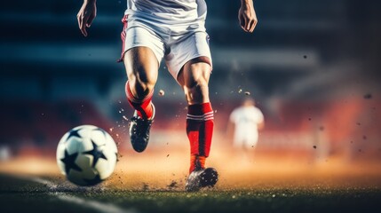 close-up photo of a professional soccer player playing football on a green grass pitch at a big stadium. dribbling the ball against opponents. soccer match on a field. Generative AI - Powered by Adobe