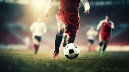 close-up photo of a professional soccer player playing football on a green grass pitch at a big stadium. dribbling the ball against opponents. soccer match on a field. Generative AI