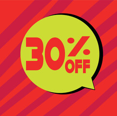 30 off for big sales. yellow balloon with black shadow on red background and red light.
