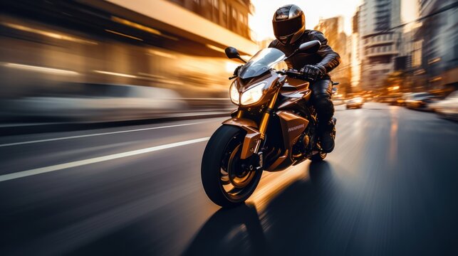 motocross rider biker driving on a motorcycle with high speed in motion. blurry lights city street road background. motorcyclist with helmet and equipment. Generative AI