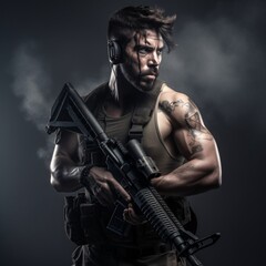 Macho Soldier with a Gun, Cutripped Cell Style, cinematic rambo stsle, generative AI