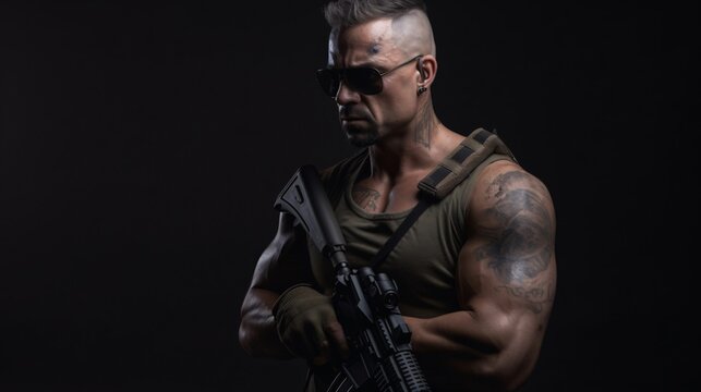 Macho Soldier with a Gun, Cutripped Cell Style, cinematic rambo stsle, generative AI