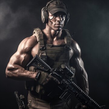 Macho Soldier with a Gun, Cutripped Cell Style, cinematic rambo stsle, generative AI
