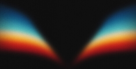 Vibrant rainbow, orange blue teal white psychedelic grainy gradient color flow wave on black...
