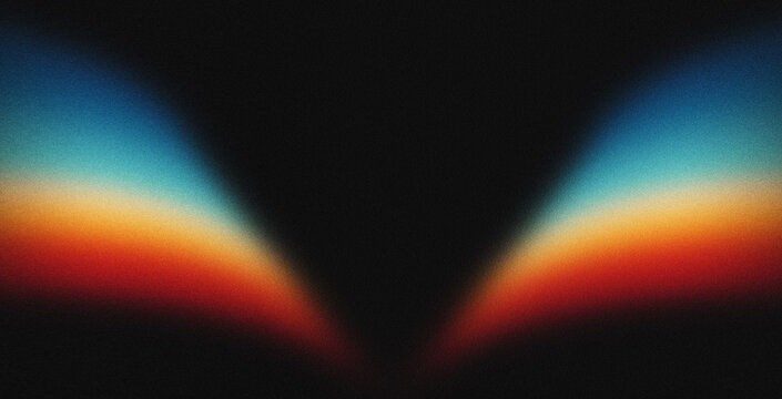 Vibrant rainbow, orange blue teal white psychedelic grainy gradient color flow wave on black background, music cover dance party poster design. Retro Colors from the 1970s 1980s, 70s, 80s, 90s style
