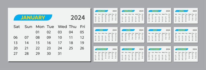 2024 calendar design template, The week starts on Sunday. Set of 12 months 2024 pages. Calendar grid in grey color for print 