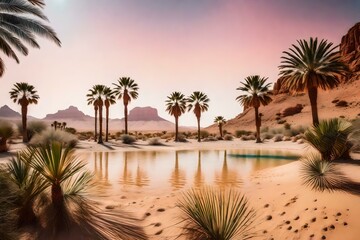 Fototapeta na wymiar A barren desert into a blooming oasis with palm trees and flowing water