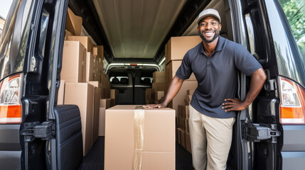 Delivery man standing in his van, shipping and parcel package, courier and delivery truck concept, african american, black, mover - obrazy, fototapety, plakaty