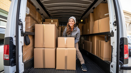 Delivery woman standing in her van, shipping and parcel package, courier and delivery truck concept, latina, moving - Powered by Adobe