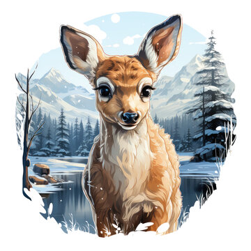 cute fawn snowy mountain scene clip art preview