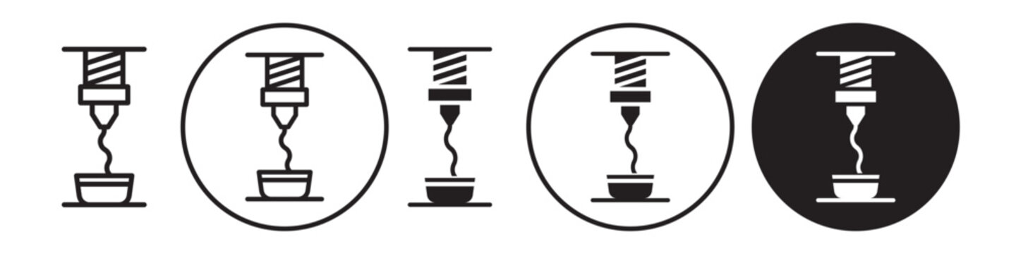 Extruder icon. Food manufacturing product liquid pour auto process symbol. Vector set of bakery packaging production assembly plant conveyor belt mechanism. Flat outline of pouring machine logo