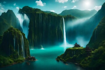 A blank canvas into a surreal image featuring floating islands and cascading waterfalls