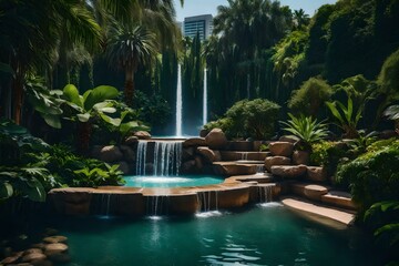 A bustling city park into an oasis of tranquility with water features and lush greenery