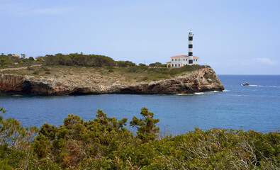 The Portocolom Lighthouse is located in the Spanish town of Porto Colom, municipality of Felanich, Mallorca Spain