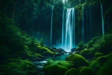 Fototapeta na wymiar A celestial waterfall flowing from the moon into a lush green forest