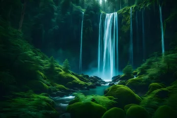  A celestial waterfall flowing from the moon into a lush green forest © M. Ateeq