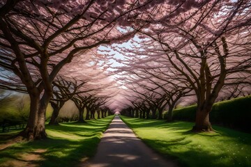 A cherry blossom tunnel, with trees forming a beautiful pink canopy