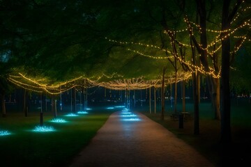 A city park into an enchanting scene with string lights illuminating the trees