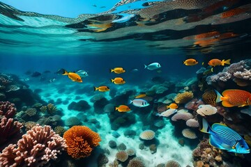 Fototapeta na wymiar A clear ocean with coral reefs and a multitude of exotic fish