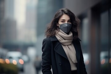Woman wear mask in the city during smog day dramatic scene generative ai