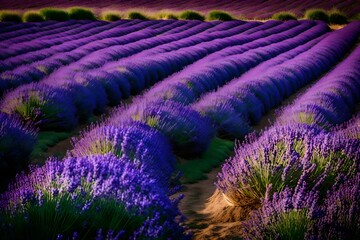 A colorful field of lavender with a stone cottage.
