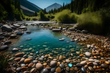 Papier Peint photo Rivière forestière A crystal-clear river with pebbles on the riverbed and fish swimming between them