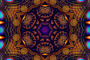 3d render, abstract background of floral kaleidoscope, colorful paper flowers ornament. Modern wallpaper. 3d Illustration