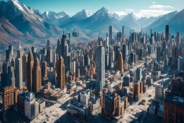 A daytime cityscape into a breathtaking natural wilderness with mountains and rivers